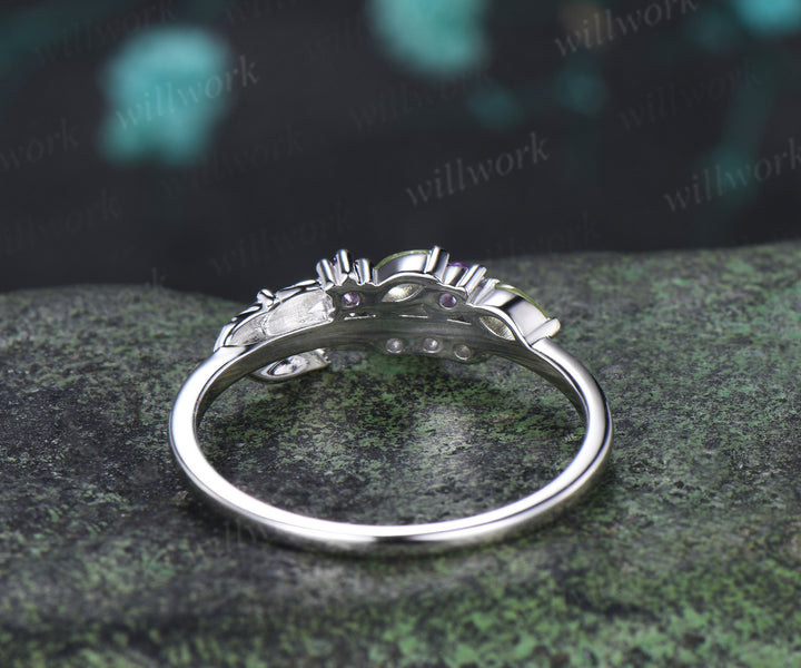 Unique Peridot Amethyst Leaf Wedding Ring Moissanite Stacking Ring Nature Inspired Wedding Band for Her