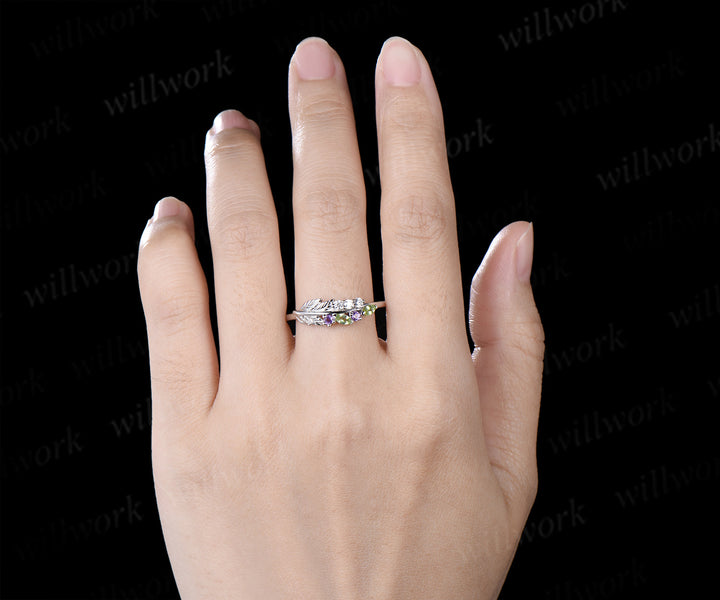 Unique Peridot Amethyst Leaf Wedding Ring Moissanite Stacking Ring Nature Inspired Wedding Band for Her
