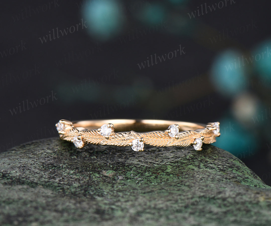 Unique Leaf Wedding Band Art Deco 14k Yellow Gold Round Cut Moissanite Diamond Wedding Ring Nature Inspired Matching Band