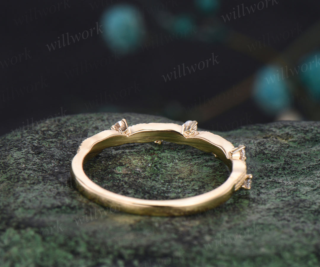 Unique Leaf Wedding Band Art Deco 14k Yellow Gold Round Cut Moissanite Diamond Wedding Ring Nature Inspired Matching Band