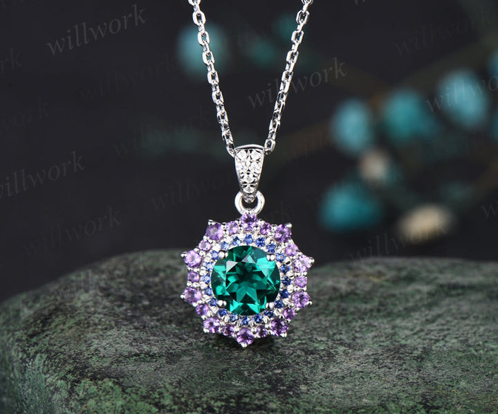 Round green emerald Necklace white gold snowdrift double halo sapphire amethyst Pendant May birthstone anniversary gift