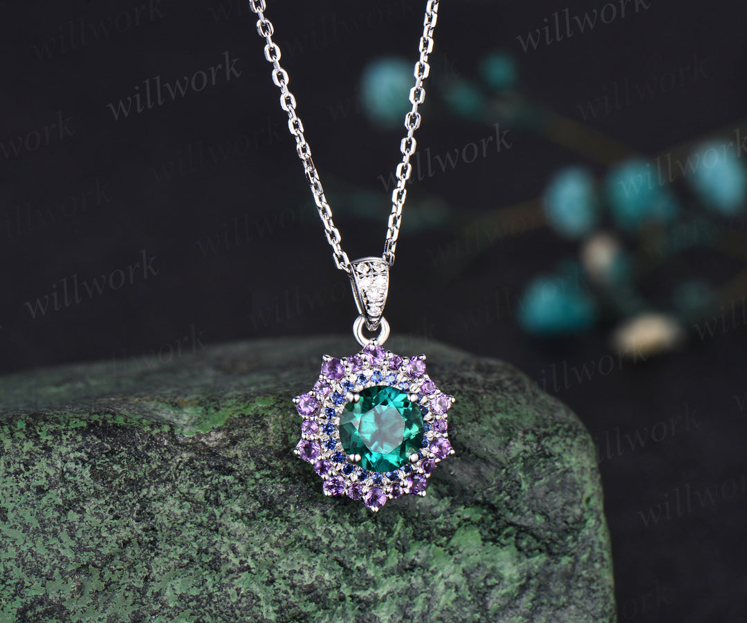 Round green emerald Necklace white gold snowdrift double halo sapphire amethyst Pendant May birthstone anniversary gift