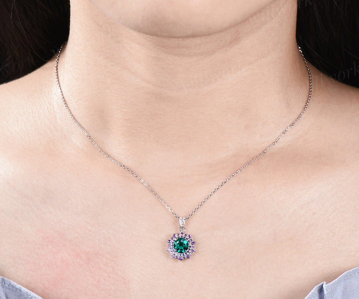 Minimalist May Birthstone Round Cut Emerald Necklace Delicate Blue Sapphire Amethyst Double Halo Pendant Art Deco Birthday Anniversary Jewelry Gift