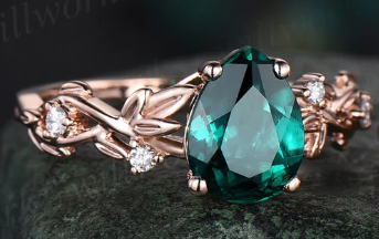 Custom order pear shaped emerald engagement ring set 10k white gold with wedding band ring size 7