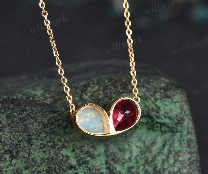 Pear ruby opal necklace heart shape bezel pendant Toi et Moi necklace minimalist yellow gold jewelry
