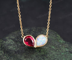 Pear ruby opal necklace heart shape bezel pendant Toi et Moi necklace minimalist yellow gold jewelry