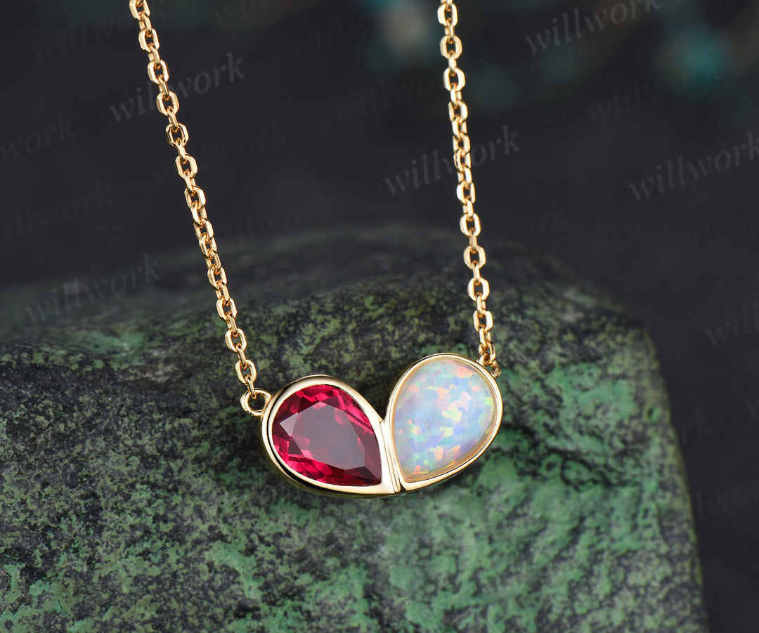 Pear ruby opal necklace heart shape bezel pendant Toi et Moi necklace minimalist yellow gold jewelry