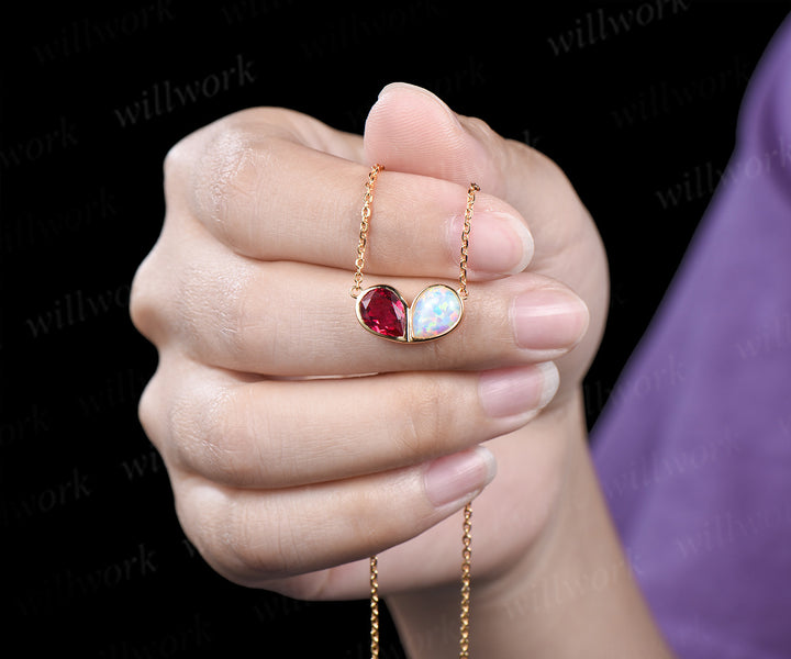 Pear ruby opal necklace heart shape bezel pendant Toi et Moi necklace minimalist yellow gold jewelry