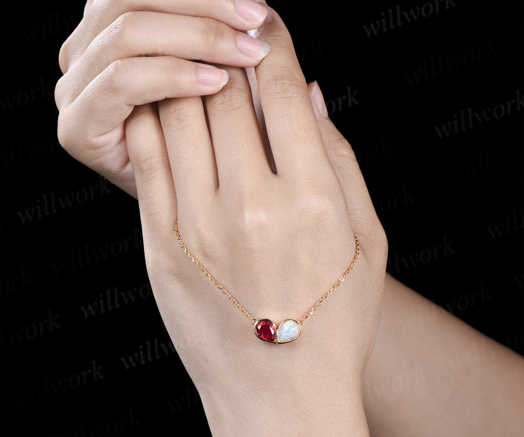 Pear ruby opal necklace heart shape bezel pendant Toi et Moi necklace minimalist yellow gold jewelry
