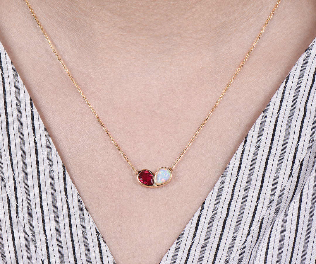 Pear ruby opal necklace heart shape bezel pendant Toi et Moi necklace minimalist yellow gold jewelry