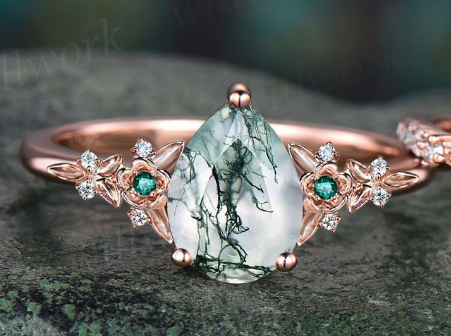 Vintage pear green moss agate engagement ring rose gold leaf flower emerald ring women unique cluster diamond bridal wedding ring set gift