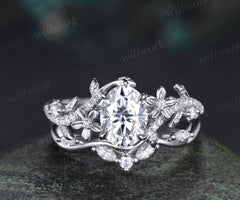 Vintage oval cut Lab grown diamond engagement ring set floral leaf diamond ring women 14k rose gold branch bridal ring set