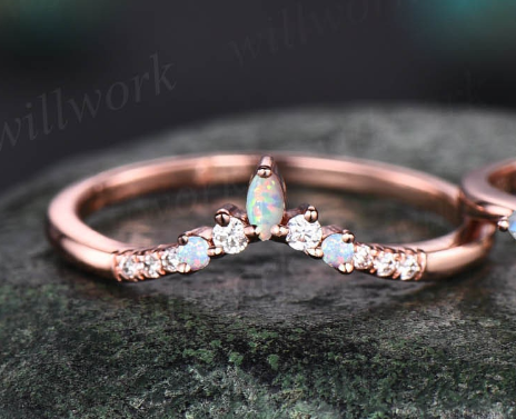 Vintage kite cut white opal engagement ring set 14k rose gold marquise cut opal moonstone ring women moissanite anniversary ring set gift