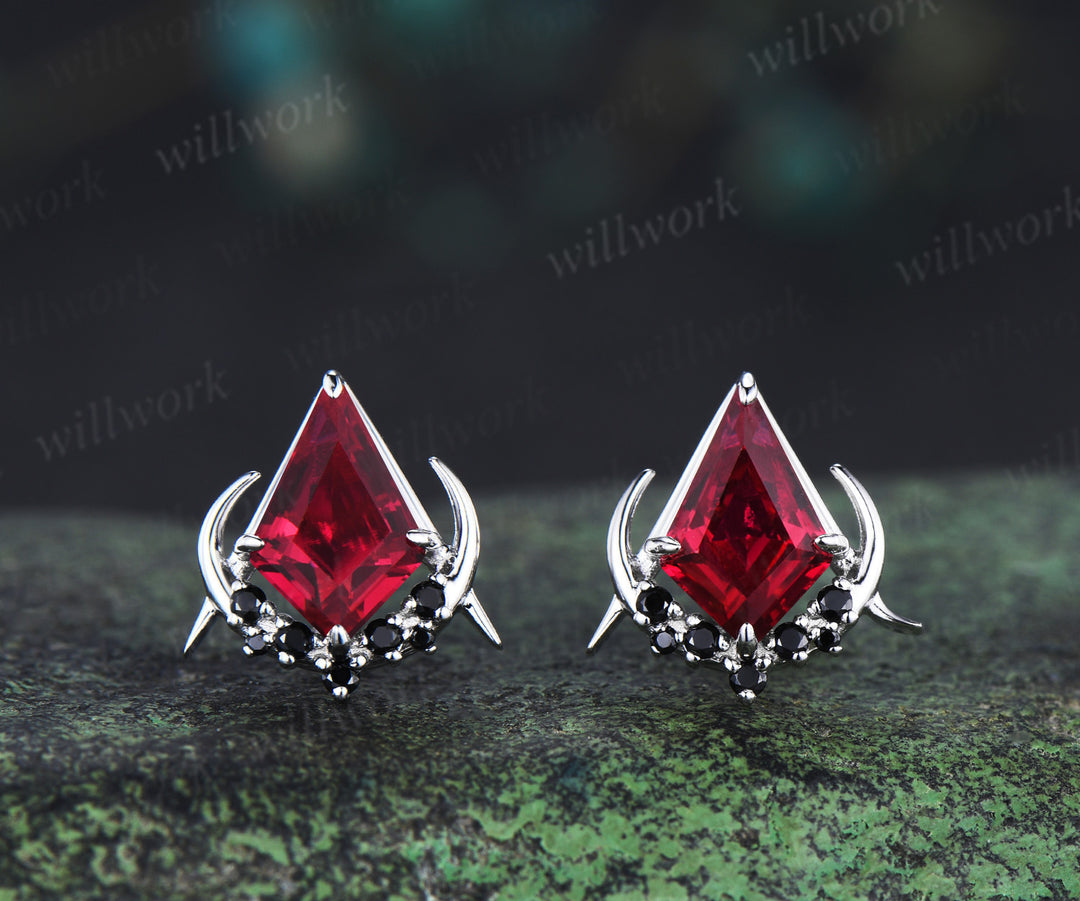 Unique kite cut red ruby earrings solid 14k 18k white gold gothic moon cluster black spinel stud earrings piercing earrings women