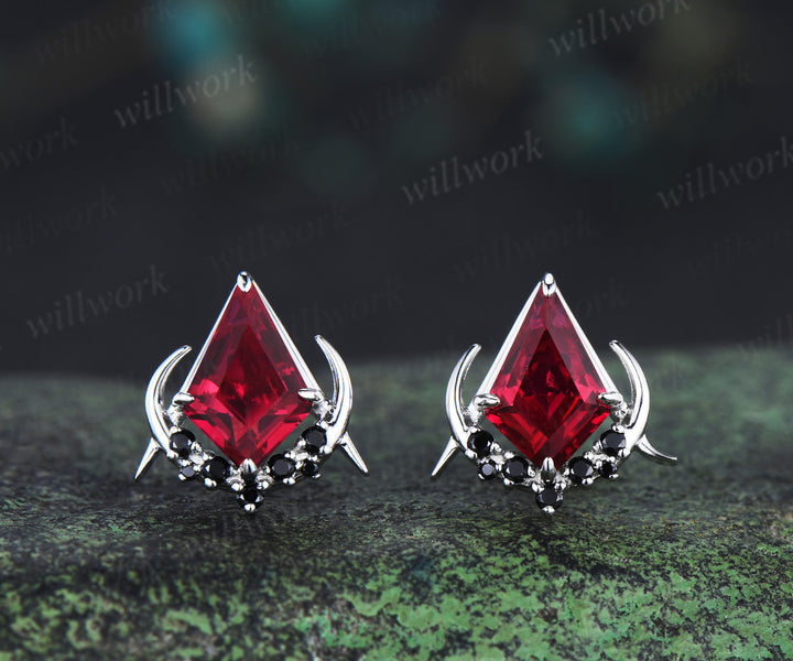 Unique kite cut red ruby earrings solid 14k 18k white gold gothic moon cluster black spinel stud earrings piercing earrings women