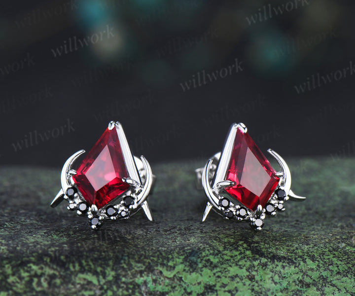 Unique kite cut red ruby earrings solid 14k 18k white gold gothic moon cluster black spinel stud earrings piercing earrings women