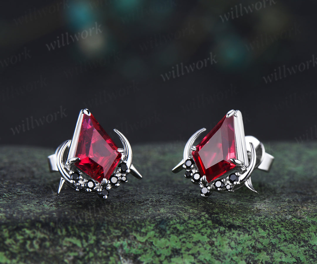 Unique kite cut red ruby earrings solid 14k 18k white gold gothic moon cluster black spinel stud earrings piercing earrings women