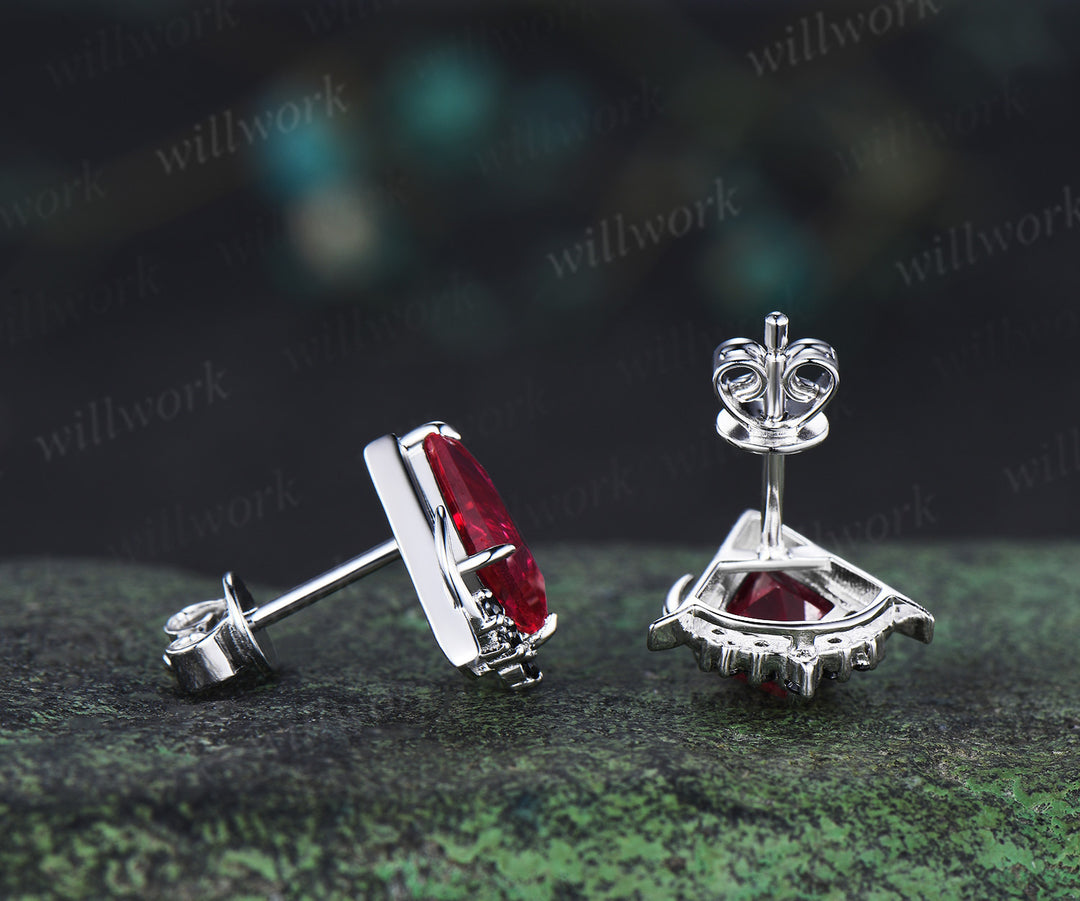Unique kite cut red ruby earrings solid 14k 18k white gold gothic moon cluster black spinel stud earrings piercing earrings women