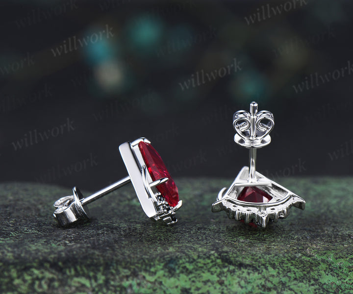 Unique kite cut red ruby earrings solid 14k 18k white gold gothic moon cluster black spinel stud earrings piercing earrings women