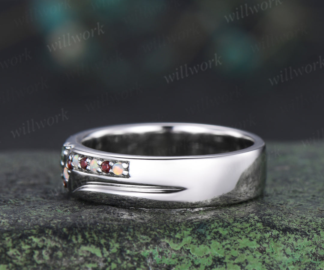 Unique Mens moss agate Wedding Band Round Band 5mm Solid Gold Ring Mens opal garnet Handsome Man Rings Matching Band Ring Gift