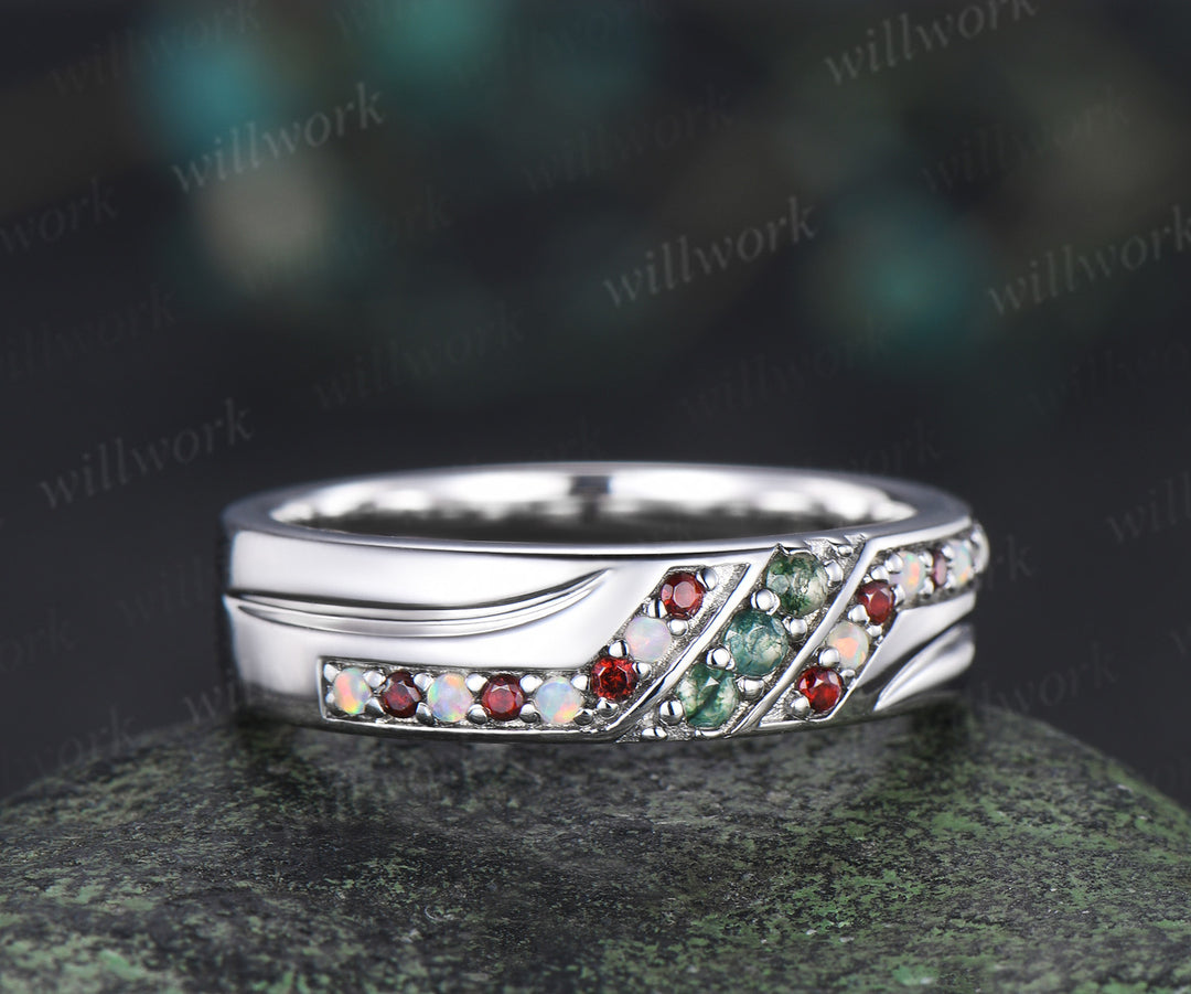 Unique Mens moss agate Wedding Band Round Band 5mm Solid Gold Ring Mens opal garnet Handsome Man Rings Matching Band Ring Gift