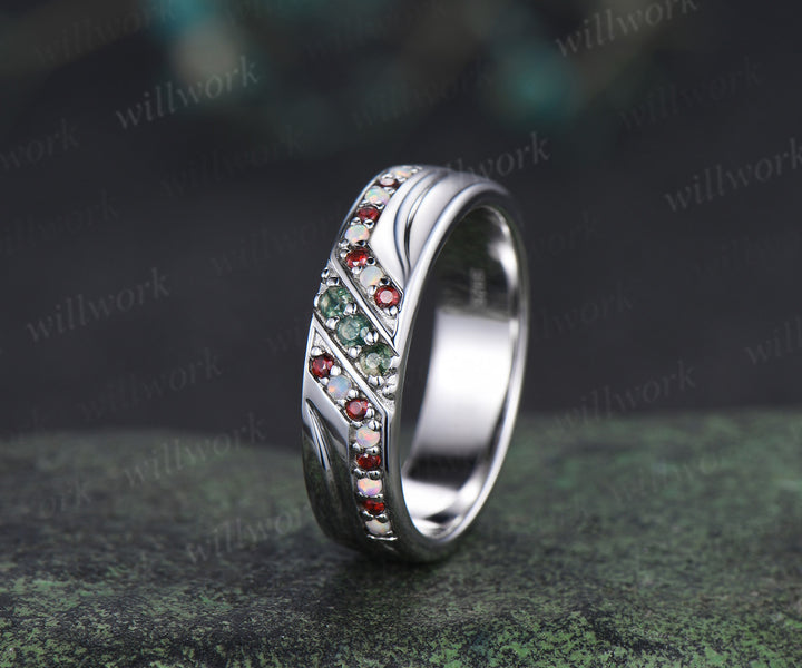 Unique Mens moss agate Wedding Band Round Band 5mm Solid Gold Ring Mens opal garnet Handsome Man Rings Matching Band Ring Gift