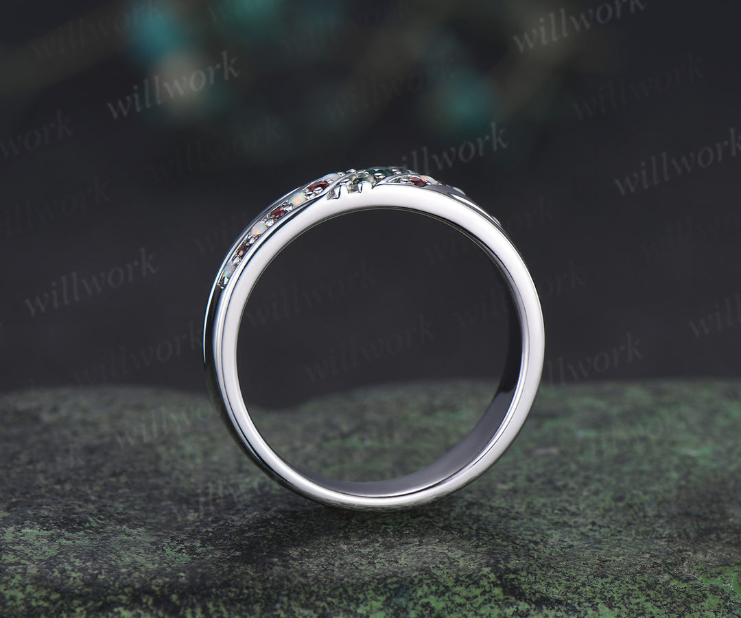 Unique Mens moss agate Wedding Band Round Band 5mm Solid Gold Ring Mens opal garnet Handsome Man Rings Matching Band Ring Gift