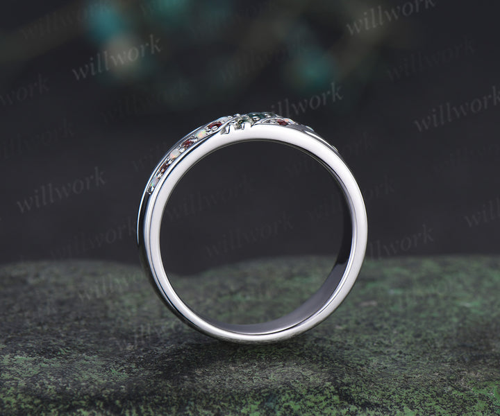 Unique Mens moss agate Wedding Band Round Band 5mm Solid Gold Ring Mens opal garnet Handsome Man Rings Matching Band Ring Gift