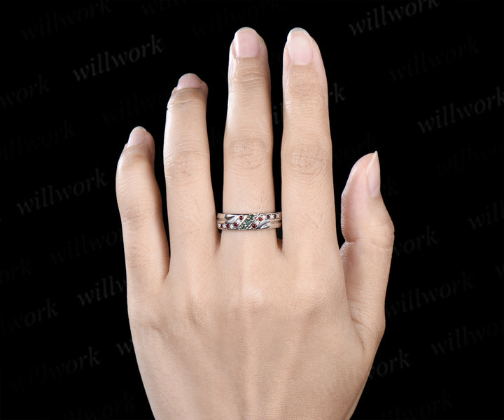 Unique Mens moss agate Wedding Band Round Band 5mm Solid Gold Ring Mens opal garnet Handsome Man Rings Matching Band Ring Gift