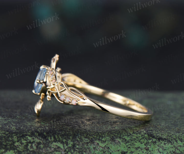 Round cut aquamarine ring yellow gold leaf opal ring filigree engagement wedding ring women