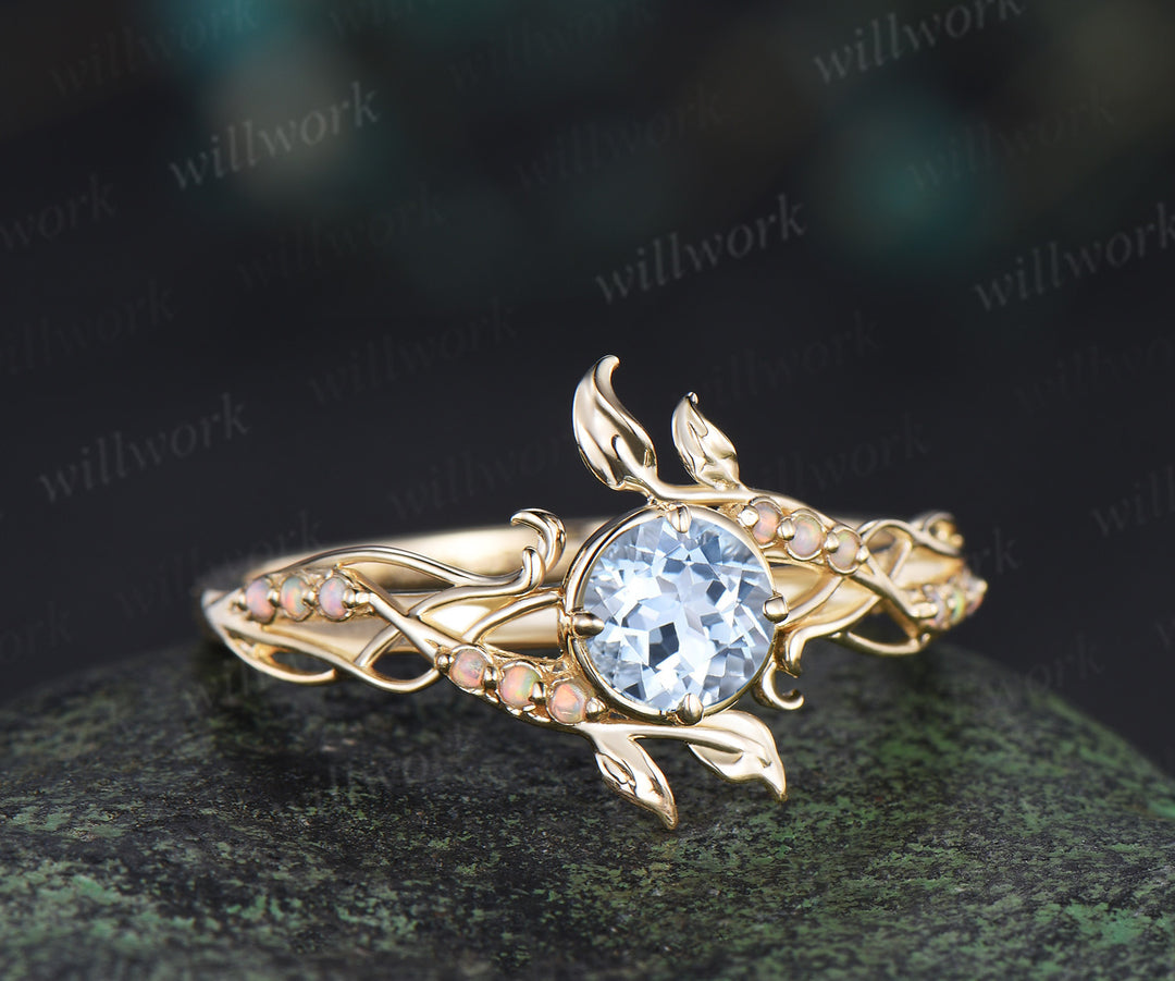 Round cut aquamarine ring yellow gold leaf opal ring filigree engagement wedding ring women