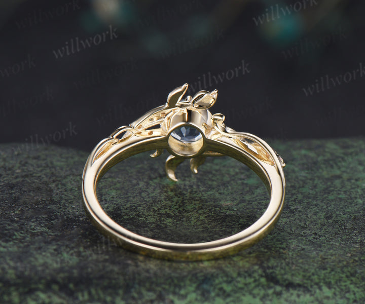 Round cut aquamarine ring yellow gold leaf opal ring filigree engagement wedding ring women