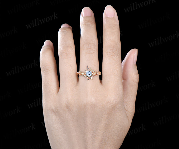 Round cut aquamarine ring yellow gold leaf opal ring filigree engagement wedding ring women