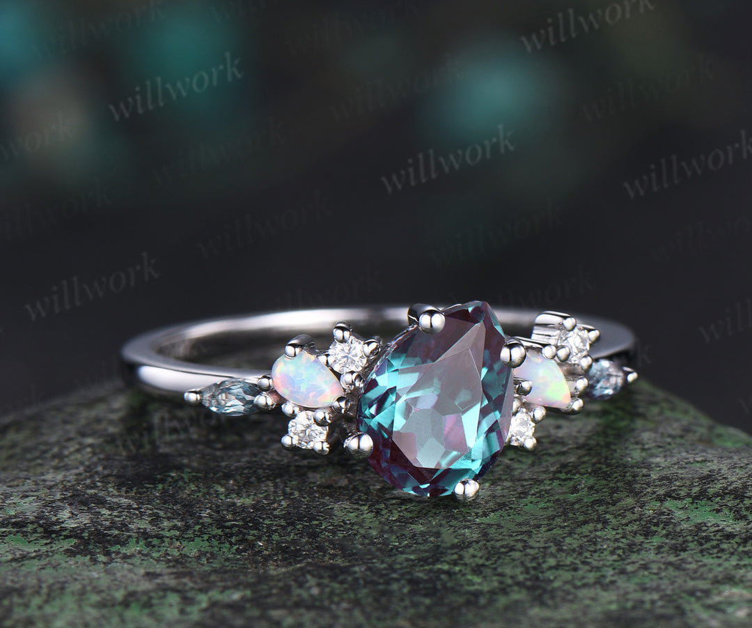 Pear shaped alexandrite engagement ring solid 14k white gold cluster opal ring vintage dainty unique wedding anniversary ring gift