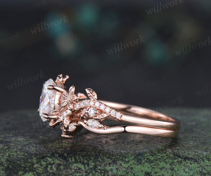 Oval cut moissanite engagement ring set vintage floral diamond ring women 14k rose gold branch leaf bridal ring set