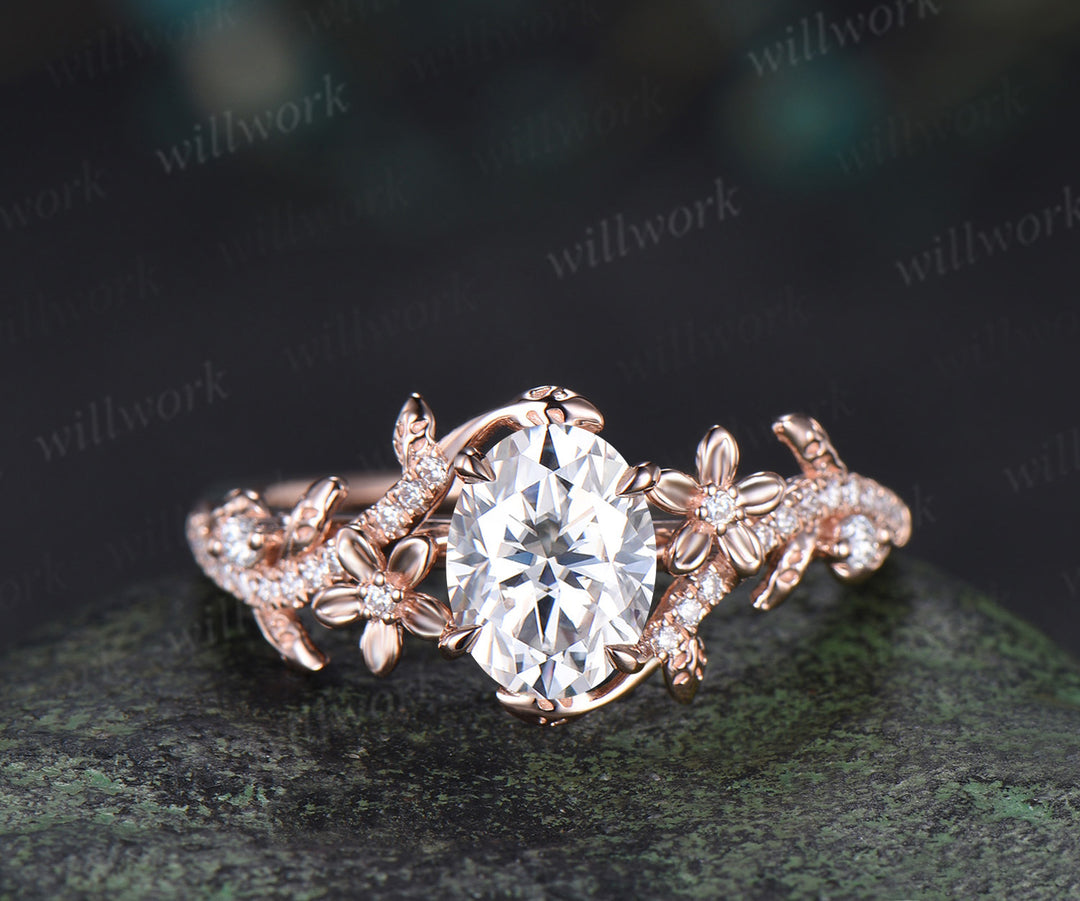 Oval cut moissanite engagement ring set vintage floral diamond ring women 14k rose gold branch leaf bridal ring set