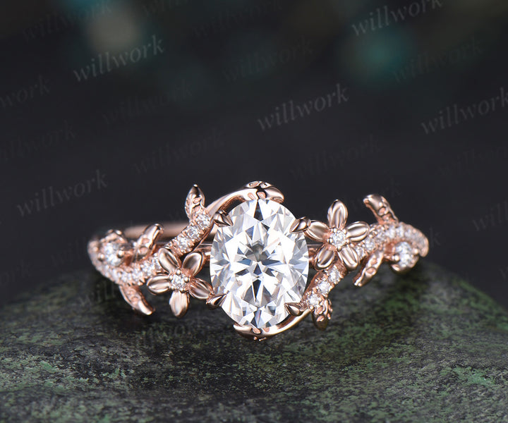 Oval cut moissanite engagement ring set vintage floral diamond ring women 14k rose gold branch leaf bridal ring set