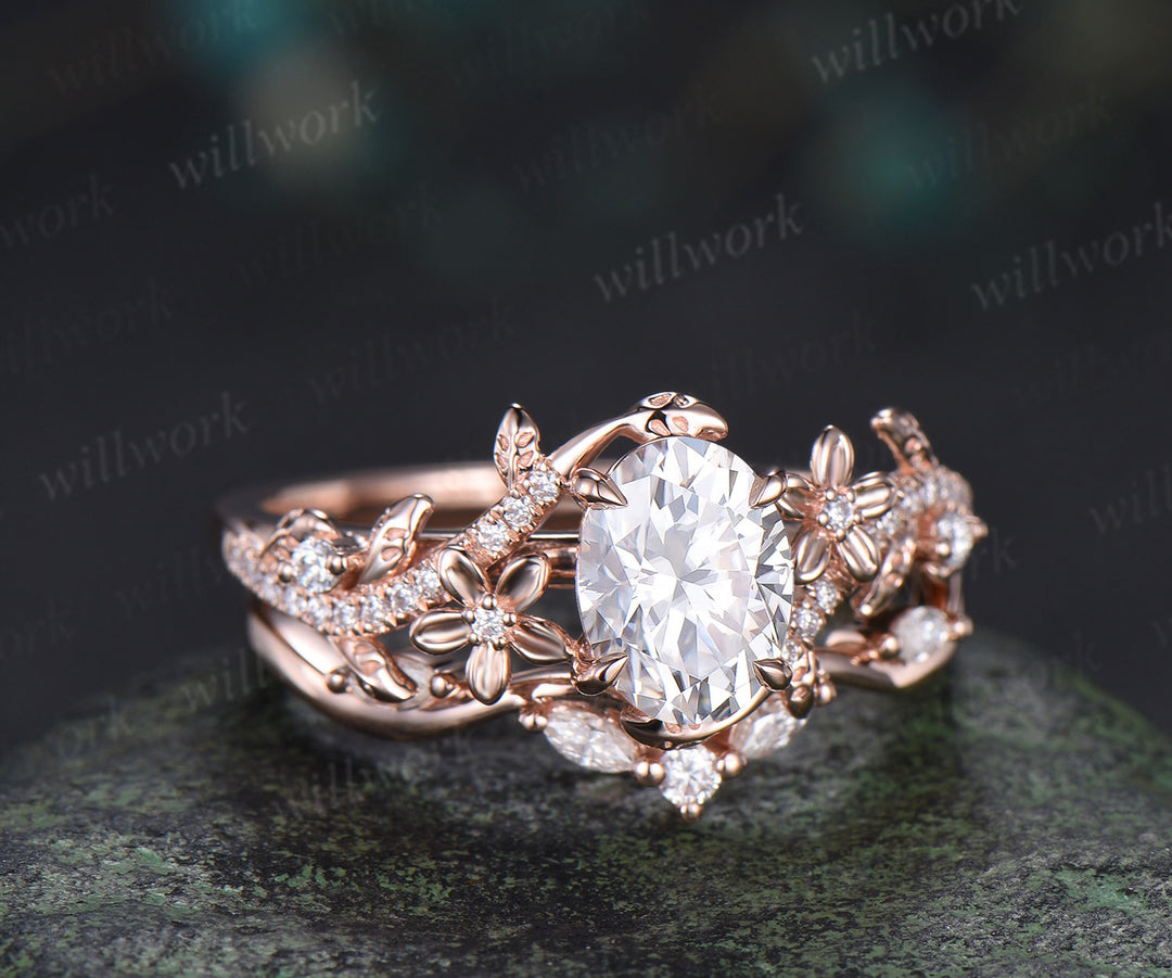 Oval cut moissanite engagement ring set vintage floral diamond ring women 14k rose gold branch leaf bridal ring set