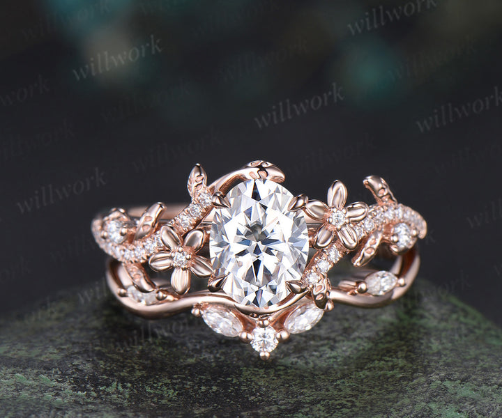 Oval cut moissanite engagement ring set vintage floral diamond ring women 14k rose gold branch leaf bridal ring set