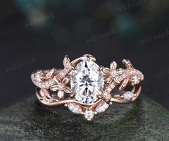 Oval cut moissanite engagement ring set vintage floral diamond ring women 14k rose gold branch leaf bridal ring set