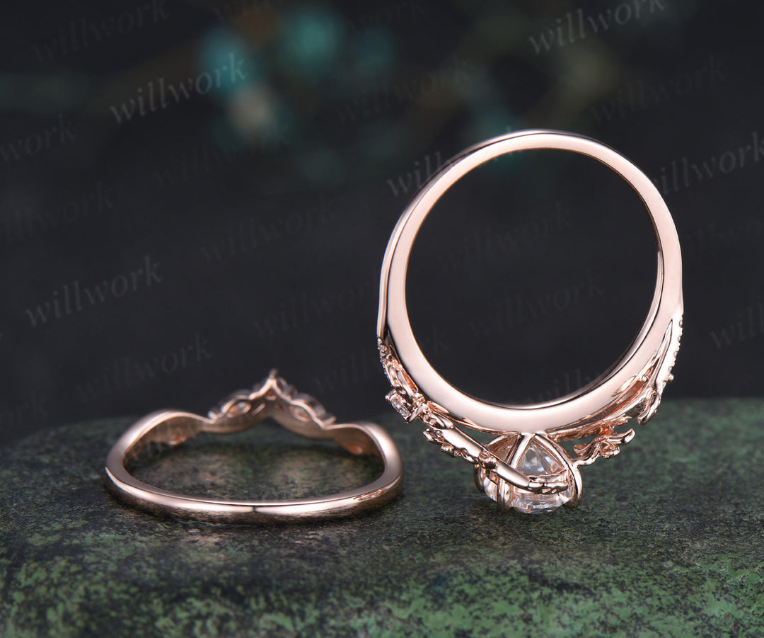 Oval cut moissanite engagement ring set vintage floral diamond ring women 14k rose gold branch leaf bridal ring set