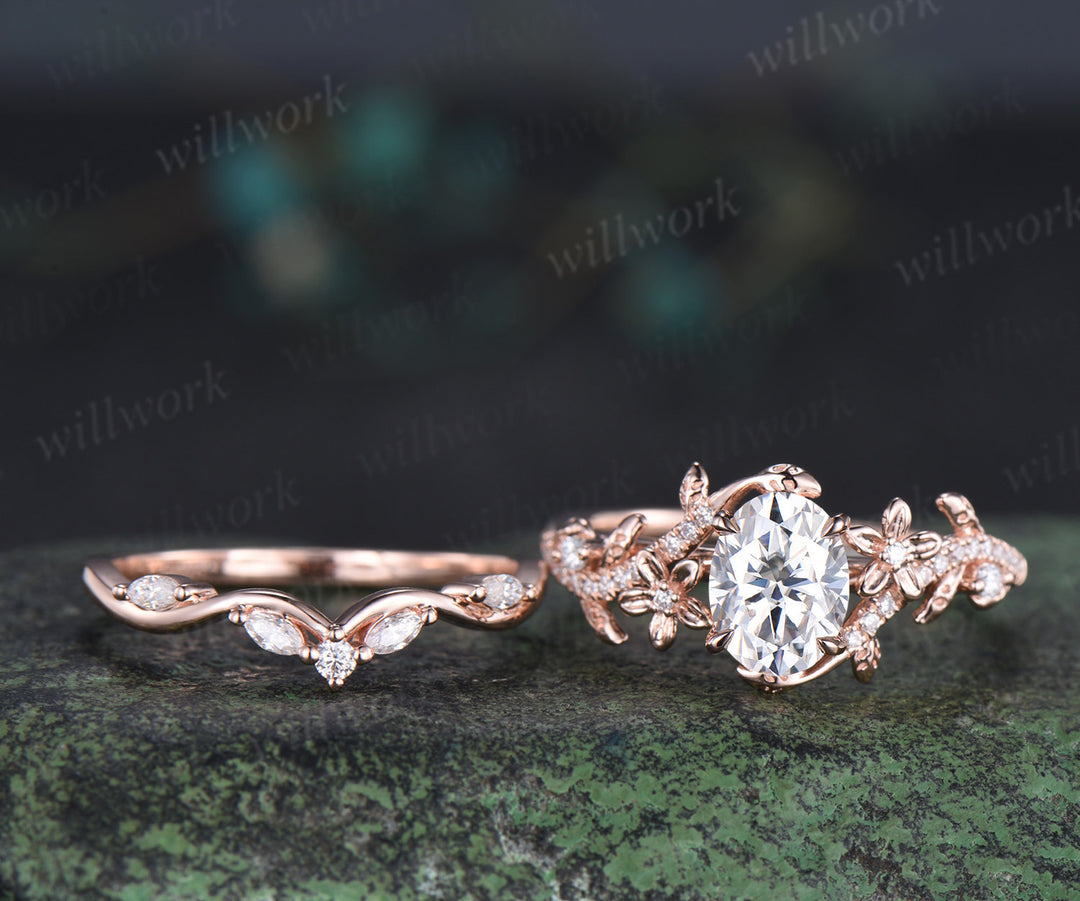 Oval cut moissanite engagement ring set vintage floral diamond ring women 14k rose gold branch leaf bridal ring set
