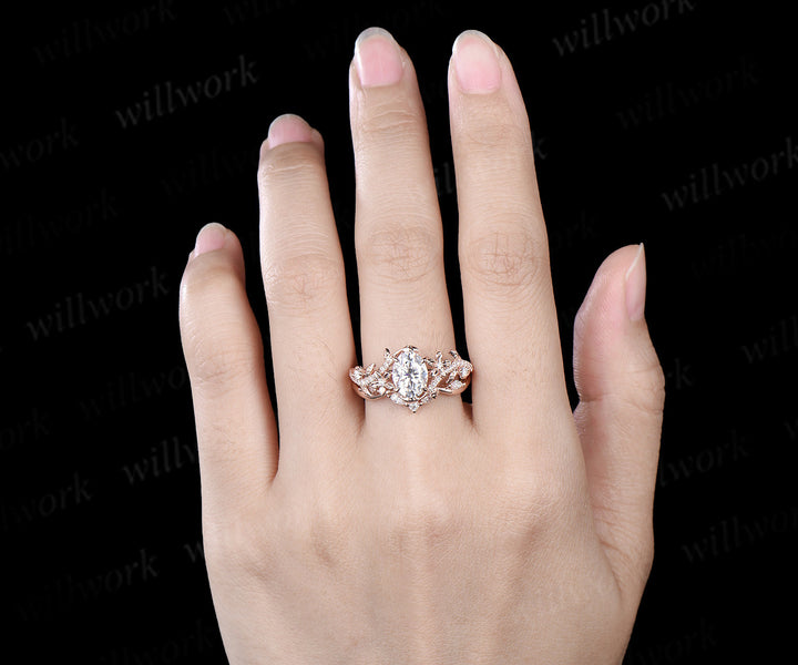 Oval cut moissanite engagement ring set vintage floral diamond ring women 14k rose gold branch leaf bridal ring set