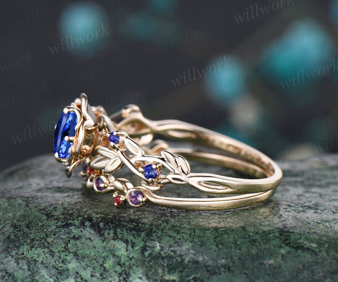 Unique Rose Flower Vine Twig Branch Nature Inspired Ring Sapphire Engagement Ring Ruby Amethyst Floral Leaf Wedding Band 2pcs Bridal Ring Set