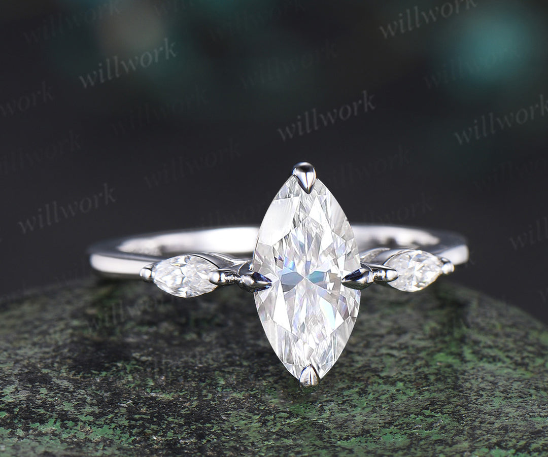 1ct Marquise cut moissanite engagement ring solid 14k white gold three stone diamond promise ring her Minimalist unique wedding ring women