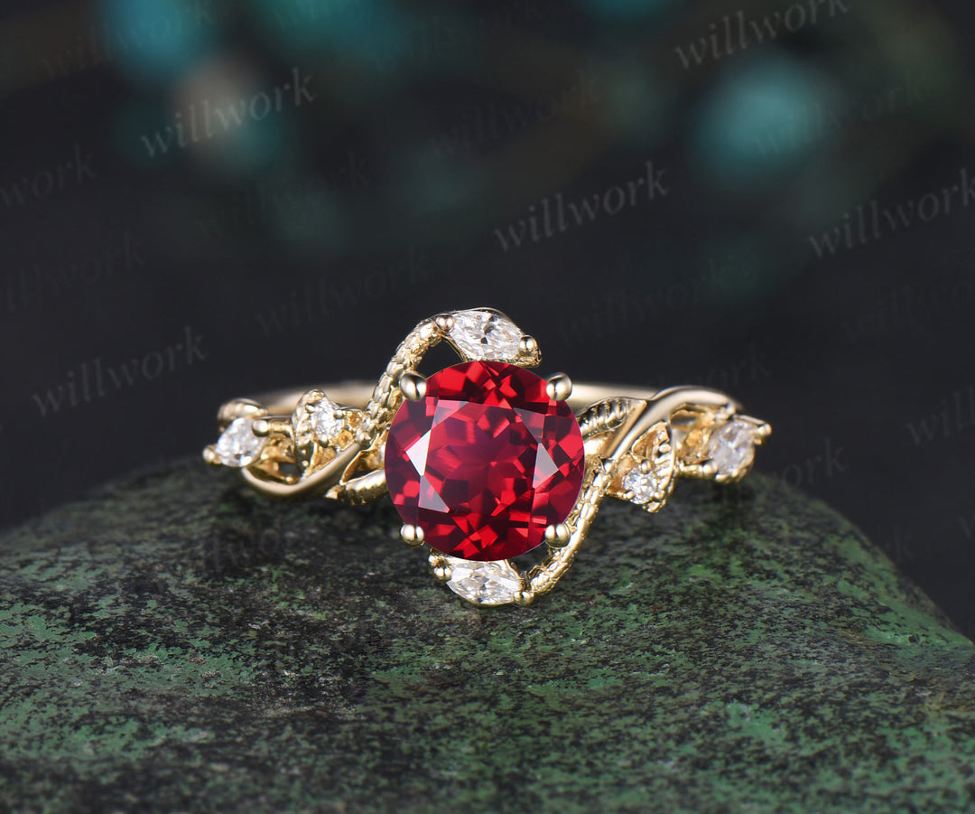 Round cut red ruby ring vintage yellow gold leaf Snake unique engagement ring twisted diamond bridal wedding ring women