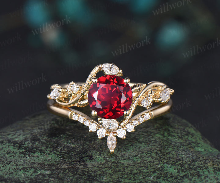 Round cut red ruby ring vintage yellow gold leaf Snake unique engagement ring twisted diamond bridal wedding ring women