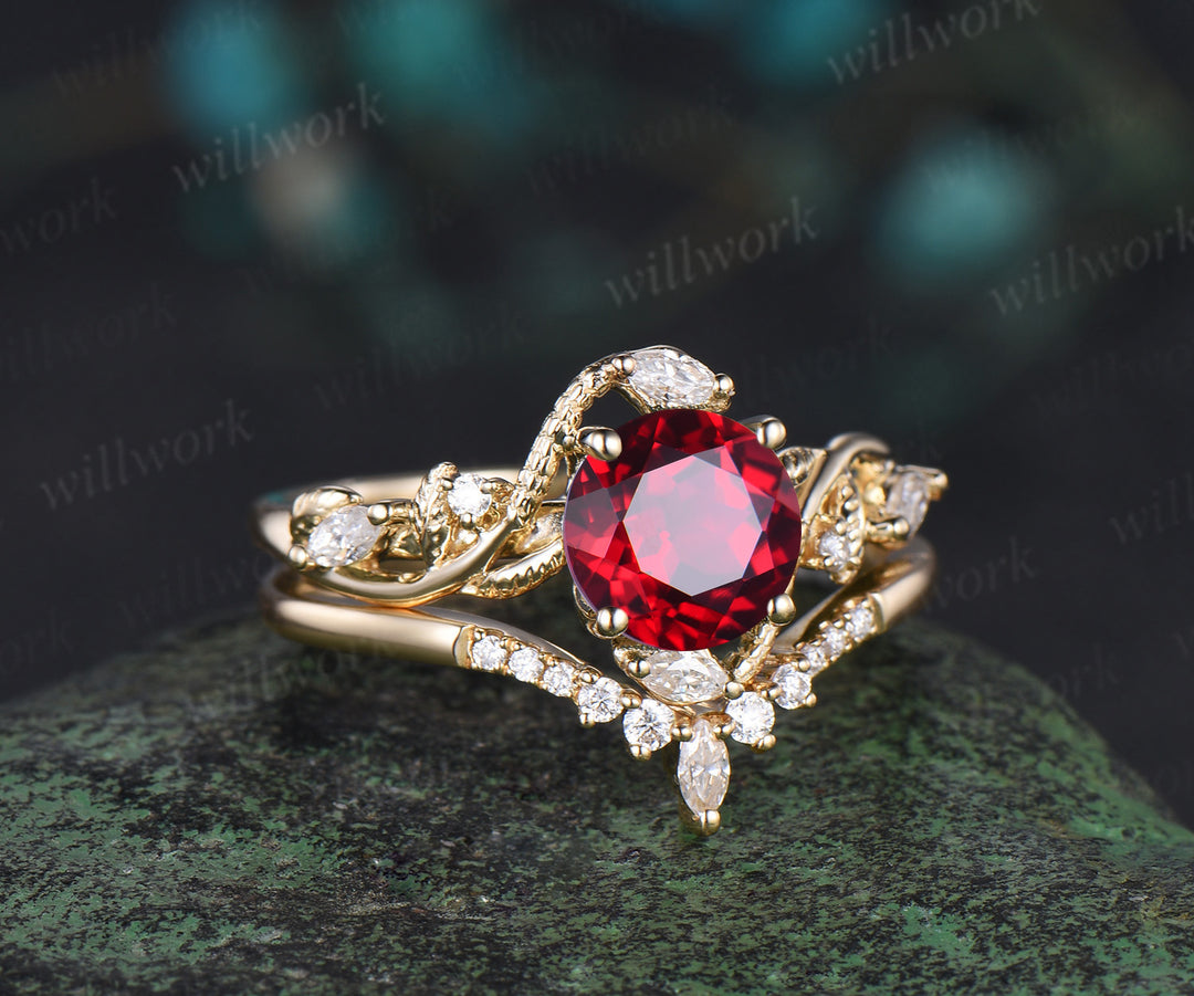 Round cut red ruby ring vintage yellow gold leaf Snake unique engagement ring twisted diamond bridal wedding ring women