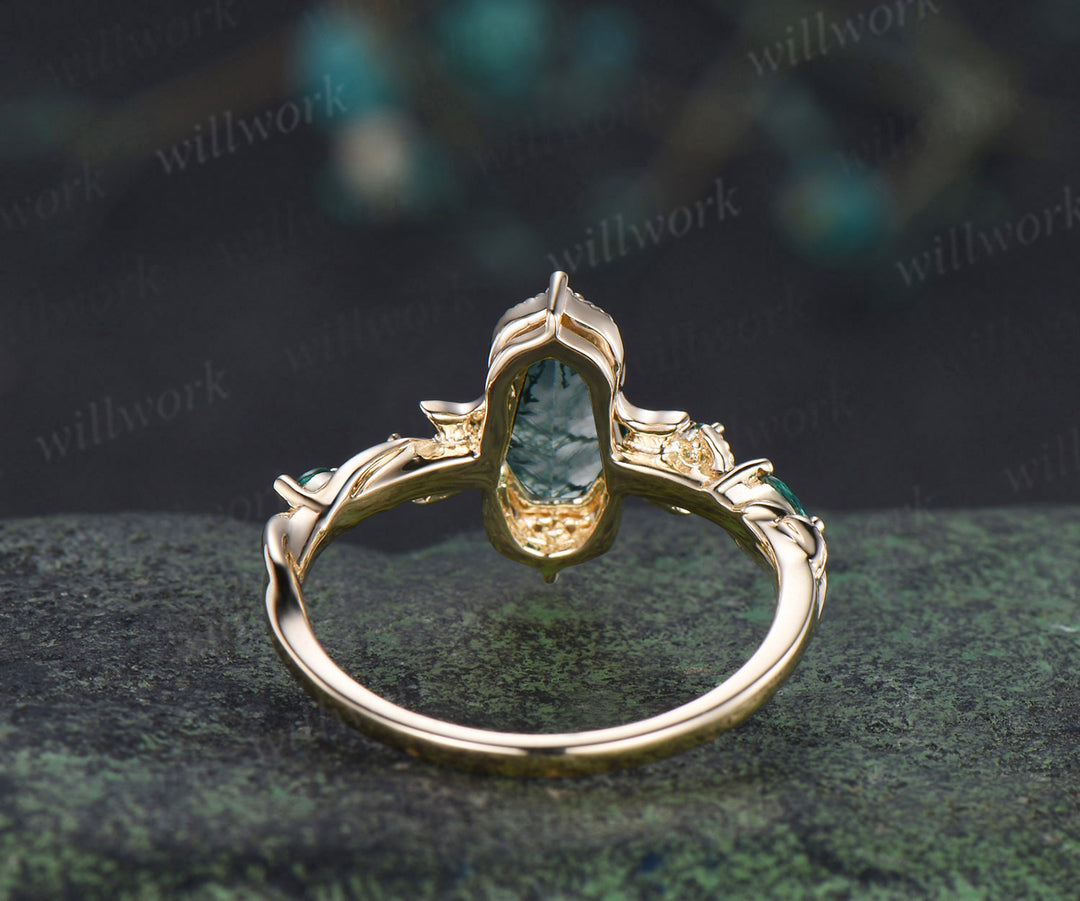 Coffin cut moss agate engagement ring 18k yellow gold Milgrain leaf twisted moon diamond emerald wedding ring women