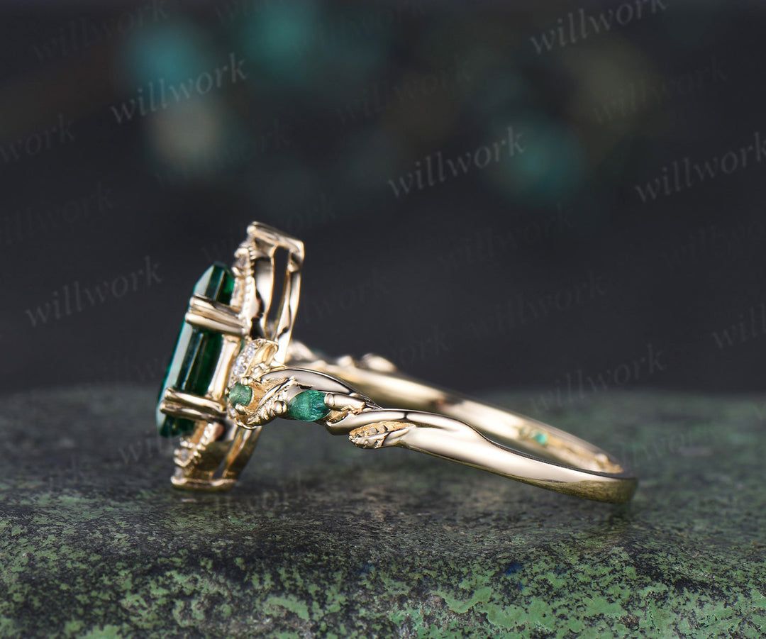 Coffin cut green emerald engagement ring 18k yellow gold Milgrain leaf twisted moon diamond wedding ring women gift